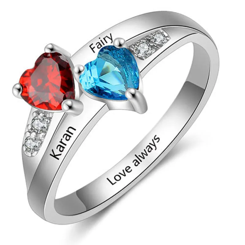 Sterling Silver Engraved Double Heart Birthstone and CZ Ring sold by Limoges Jewelry