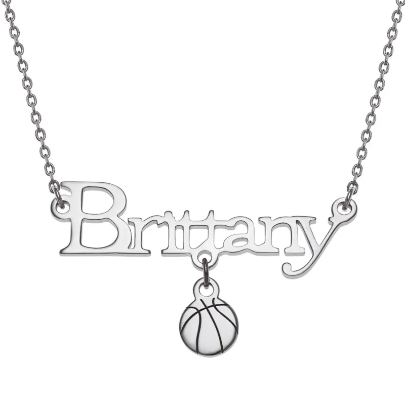 Sterling Silver Name with Basketball Charm Necklace sold by Limoges Jewelry