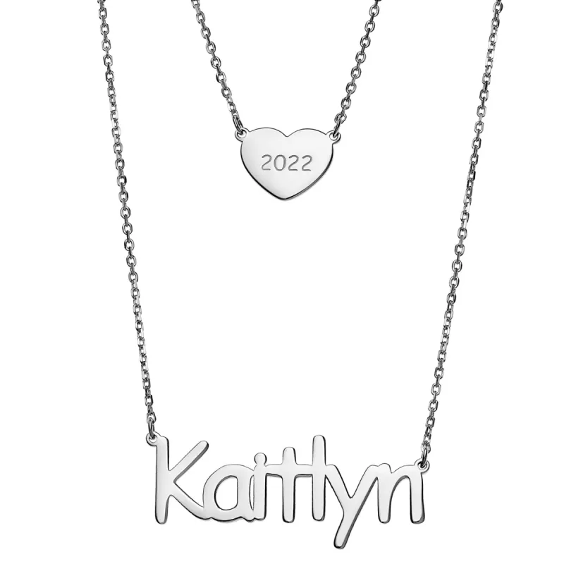 Sterling Silver Name and Heart with Year Layered Double Necklace sold by Limoges Jewelry