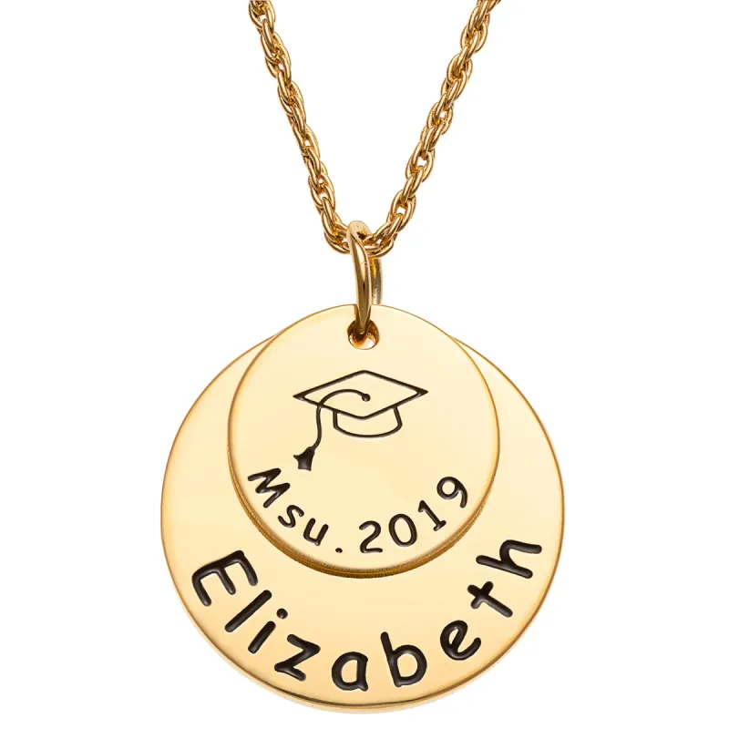 14K Gold over Sterling Graduation Double Disc with Engraved Grad Cap Necklace sold by Limoges Jewelry
