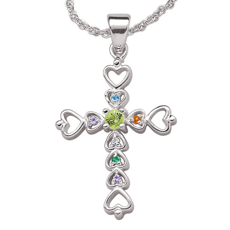 Sterling Silver Mother's Birthstone Heart Cross Necklace sold by Limoges Jewelry