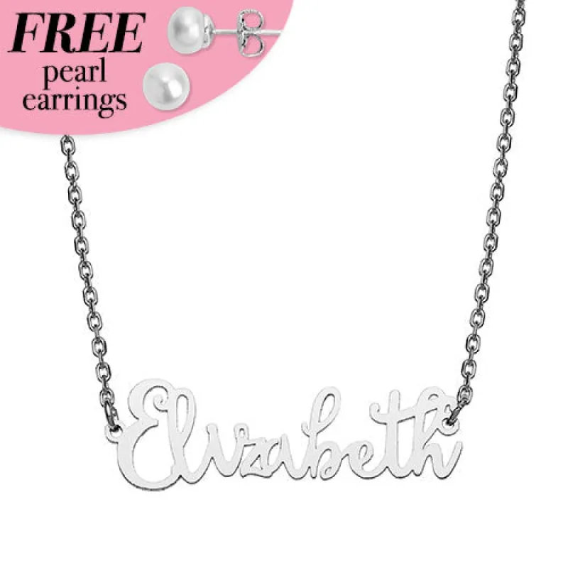 Sterling Silver Fancy Script Name Plaque with Free Fresh Water Pearl Earrings sold by Limoges Jewelry
