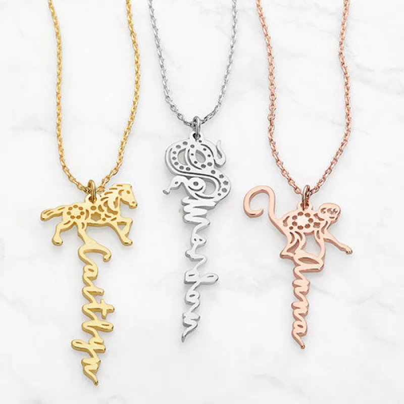 Sterling Silver Vertical Script Name with Chinese Zodiac Sign Necklace sold by Limoges Jewelry