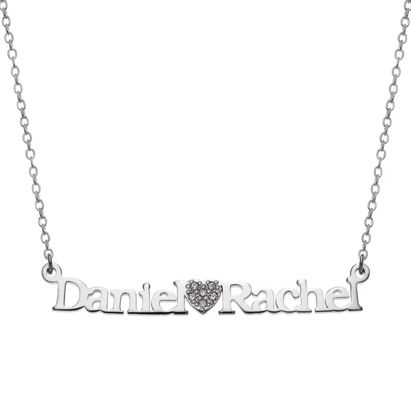 Sterling Silver Couples Name and Pave CZ Heart Necklace sold by Limoges Jewelry