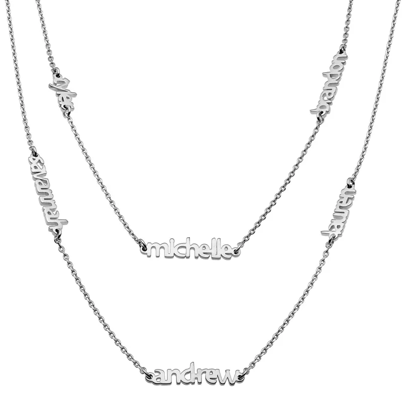 Sterling Silver Petite Block Family Name Layered Necklace- 6 Names sold by Limoges Jewelry