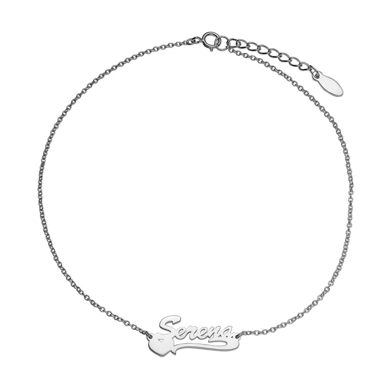 Sterling Silver Petite Script Name with Heart Tail Anklet sold by Limoges Jewelry