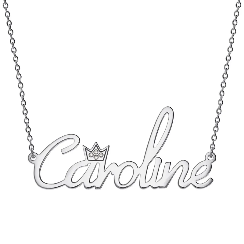 Sterling Silver Name with Clear Crown Necklace sold by Limoges Jewelry