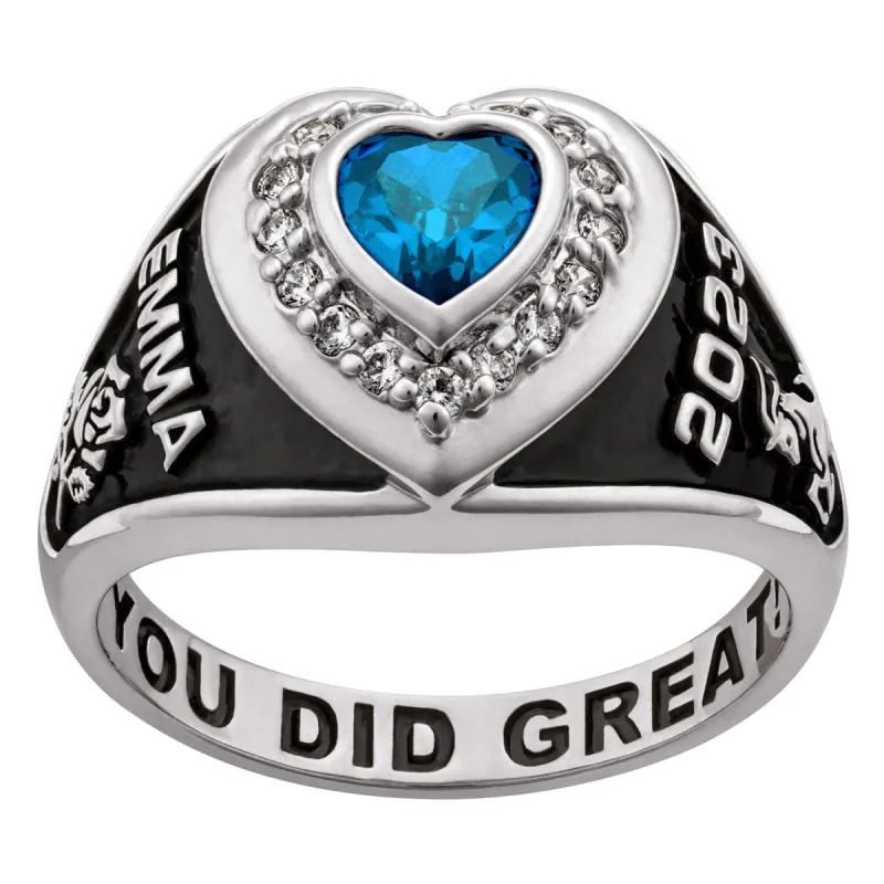 Ladies' Platinum over Sterling Silver CZ Heart Class Ring sold by Limoges Jewelry