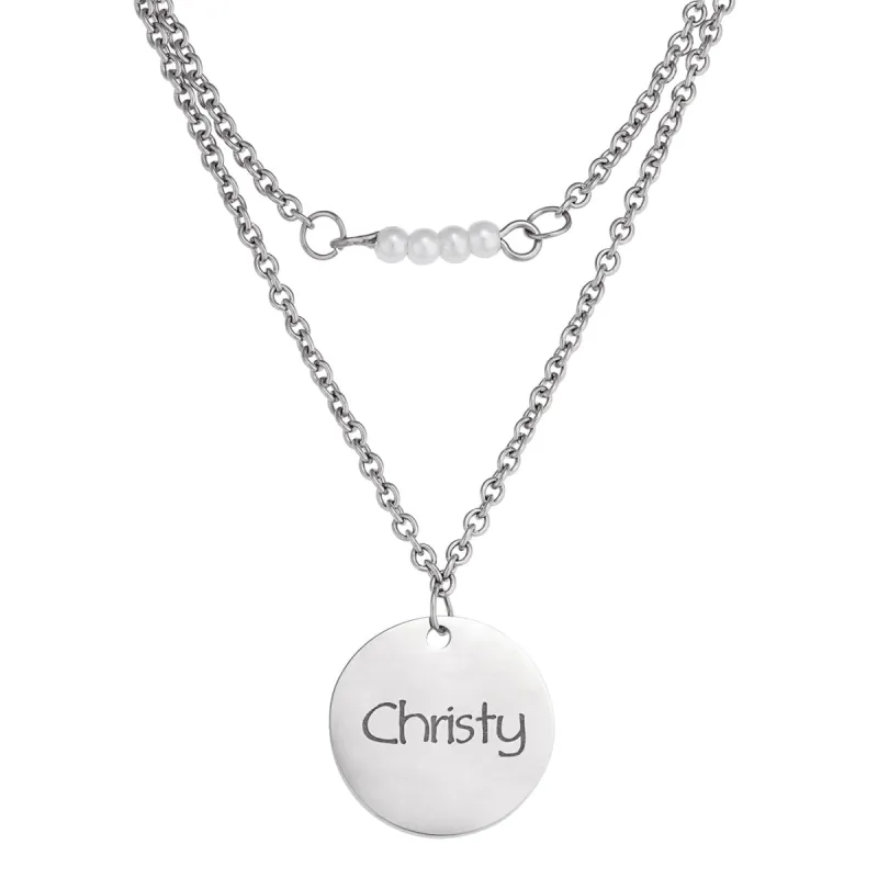 Stainless Steel Pearls and Engravable Disc Layered Necklace made by Limoges Jewelry