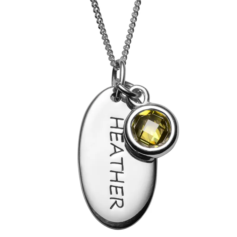 Sterling Silver Engraved Name and Birthstone Oval Tag Pendant sold by Limoges Jewelry