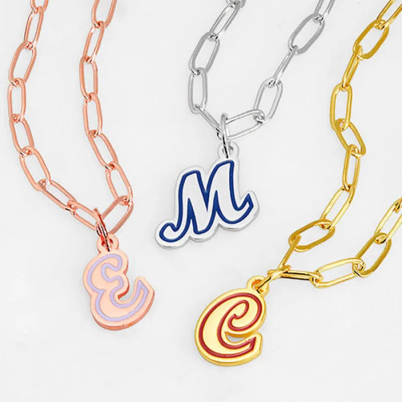 Enamel Outline Script Initial Paperclip Chain Necklace sold by Limoges Jewelry