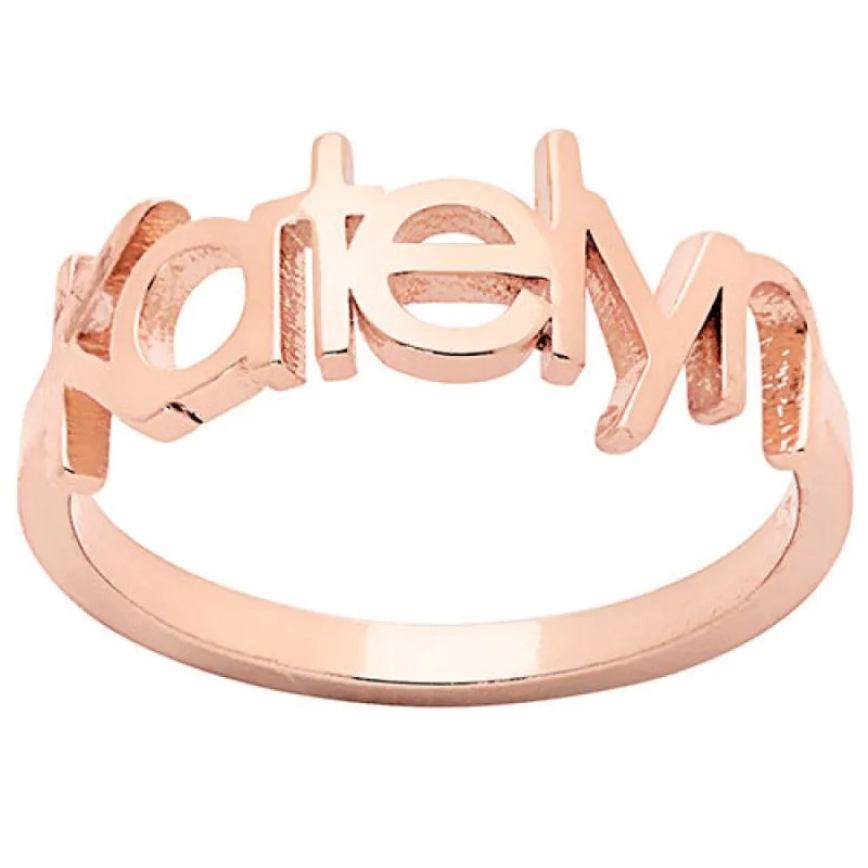 14K Rose Gold Plated Century Gothic Cutout Name Ring sold by Limoges Jewelry