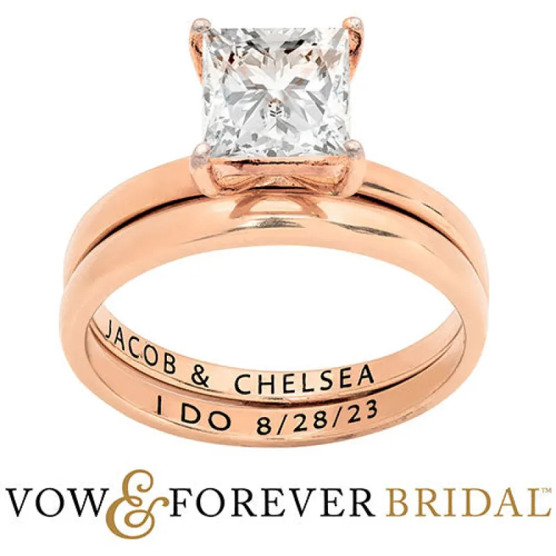 14K Rose Gold over Sterling  Square White Topaz 2-Piece Engraved Wedding Ring Set sold by Limoges Jewelry