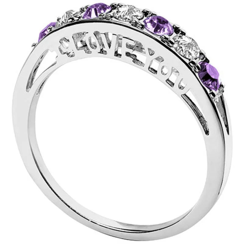 Silver Plated I LOVE YOU Simulated Amethyst and Clear Crystal Ring sold by Limoges Jewelry