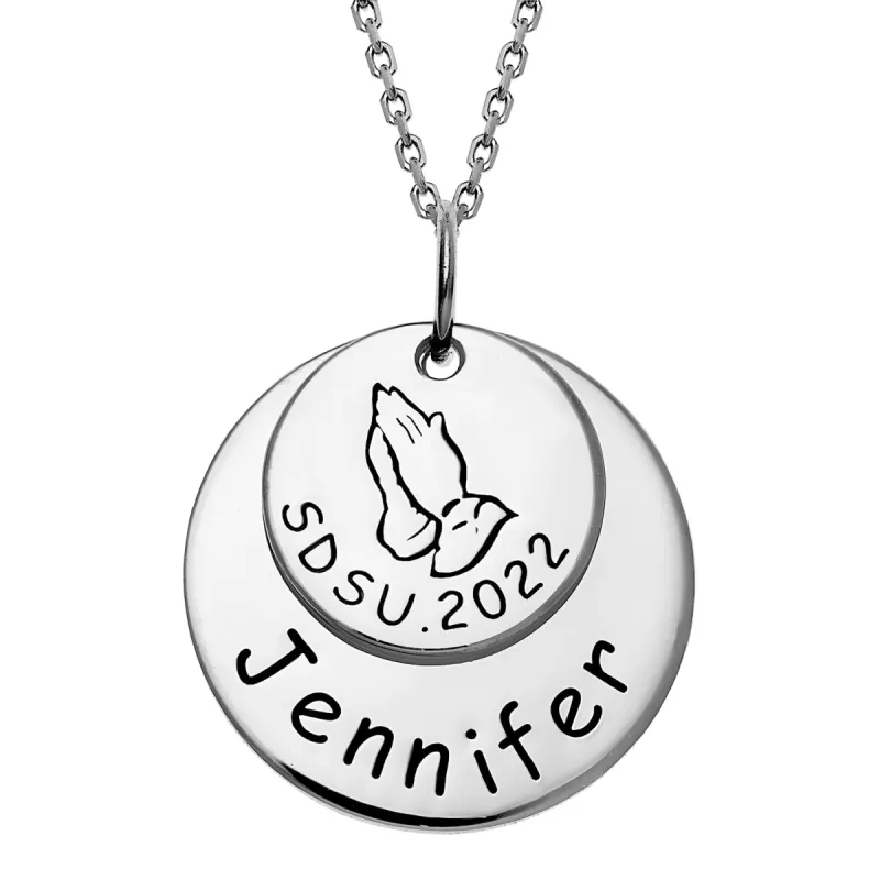 Sterling Silver Graduation Double Disc Necklace with Praying Hands sold by Limoges Jewelry