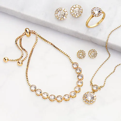 Silvertone CZ Halo Earring, Necklace, Bracelet and Ring Set sold by Limoges Jewelry