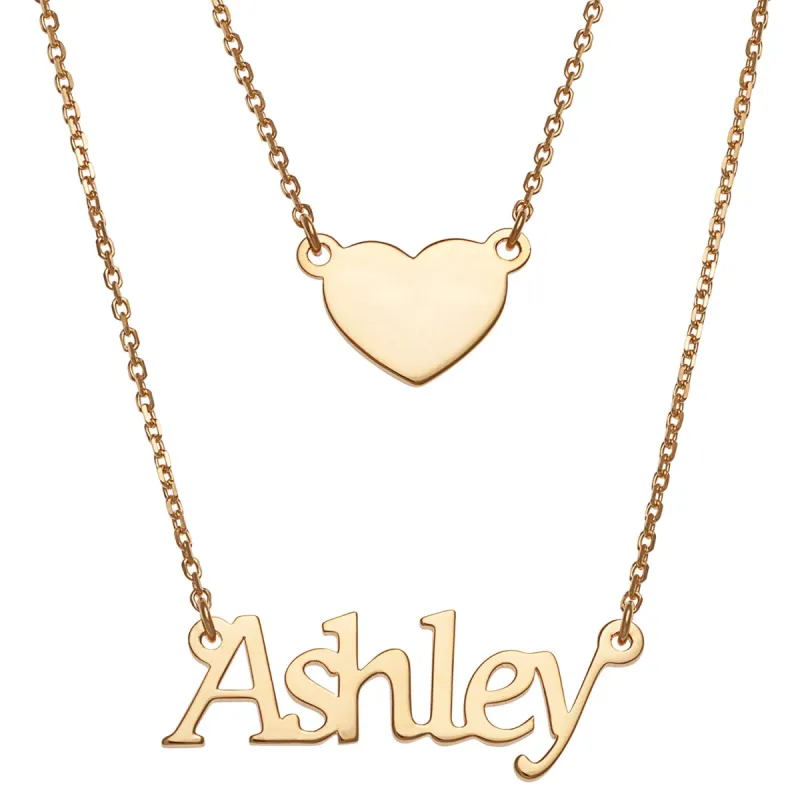 14K Gold over Sterling Name and Heart Layered Double Necklace sold by Limoges Jewelry