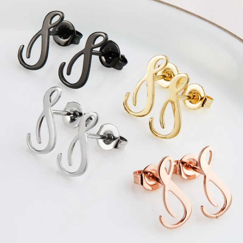 Fancy Script Initial Button Earrings sold by Limoges Jewelry