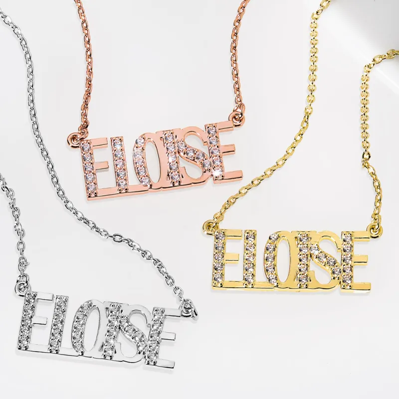 Uppercase CZ Name Plaque Necklace sold by Limoges Jewelry