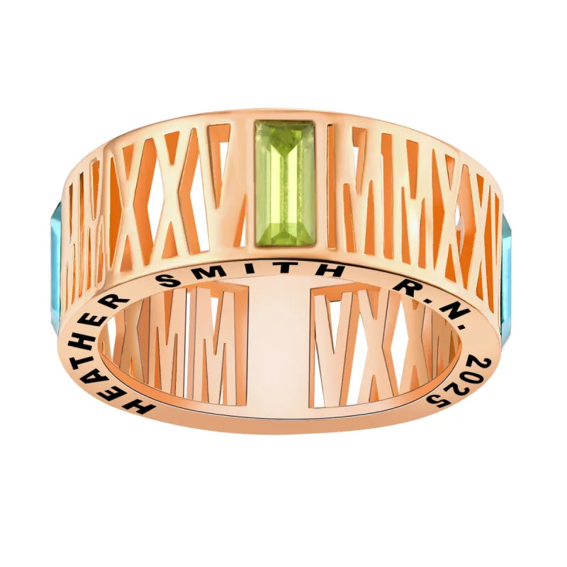 Women's Rose Gold Over Sterling Roman Numeral 2025 Birthstone Class Ring sold by Limoges Jewelry