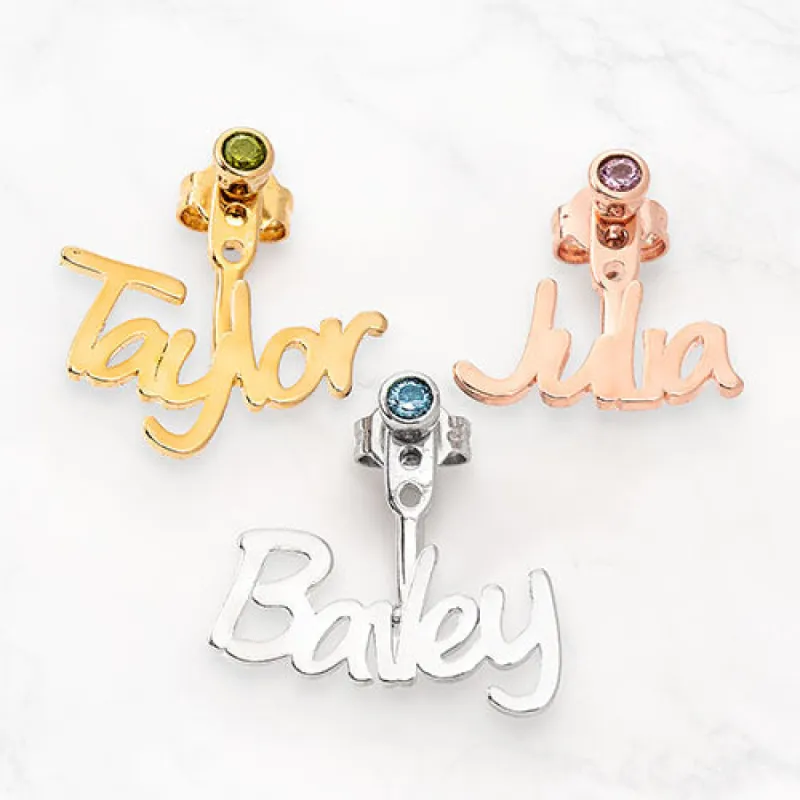 Plated Name and Birthstone Front/ Back Earrings sold by Limoges Jewelry