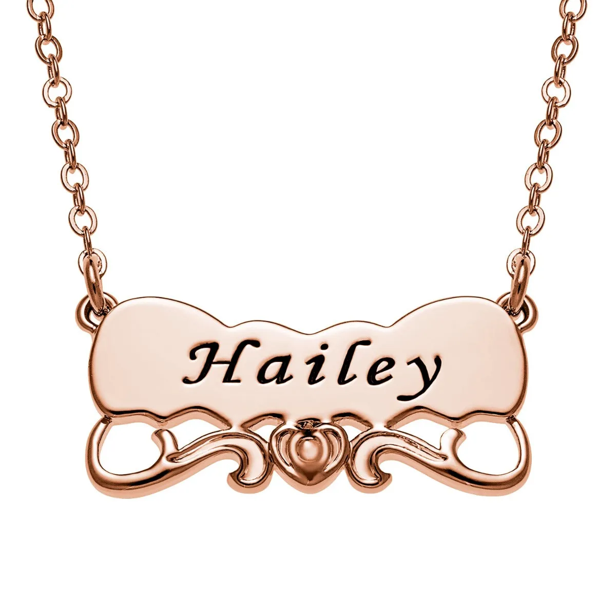 14K Rose Gold Plated Engraved Name with Heart Scroll Plaque Necklace sold by Limoges Jewelry