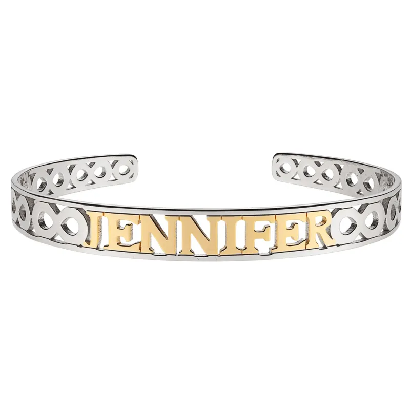 Slim Two-Tone Name and Infinity Bangle sold by Limoges Jewelry