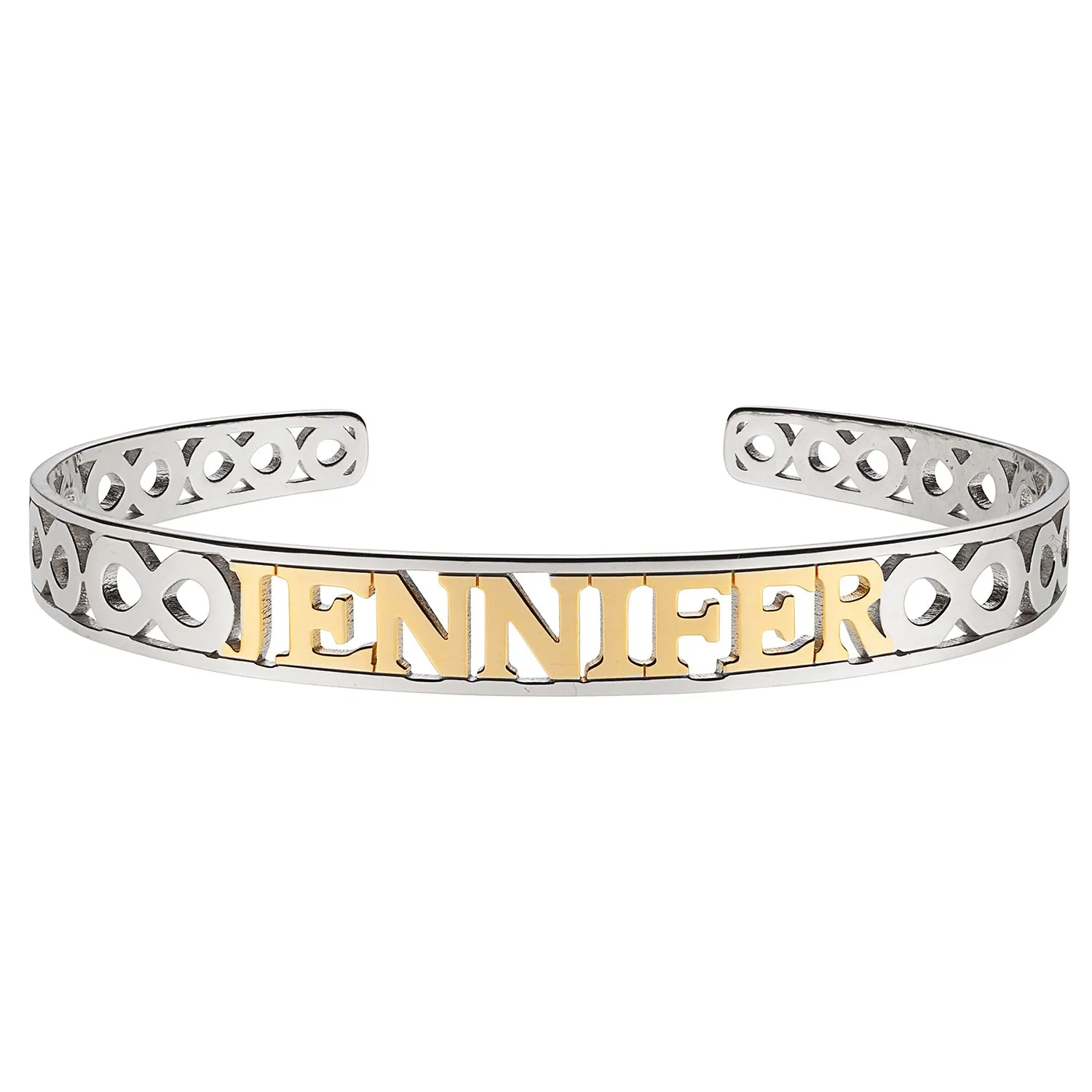 Slim Two-Tone Name and Infinity Bangle sold by Limoges Jewelry