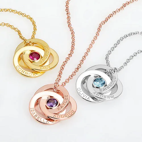 Engraved Interlocking Circles with Center Birthstone Necklace sold by Limoges Jewelry