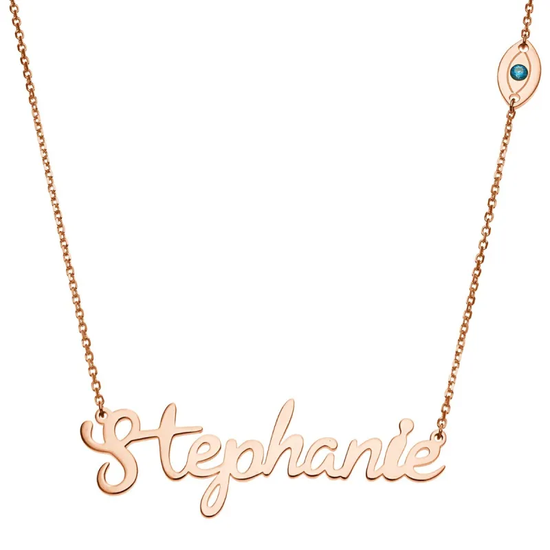 14K Rose Gold Plated Script Name with Evil Eye Station Necklace sold by Limoges Jewelry