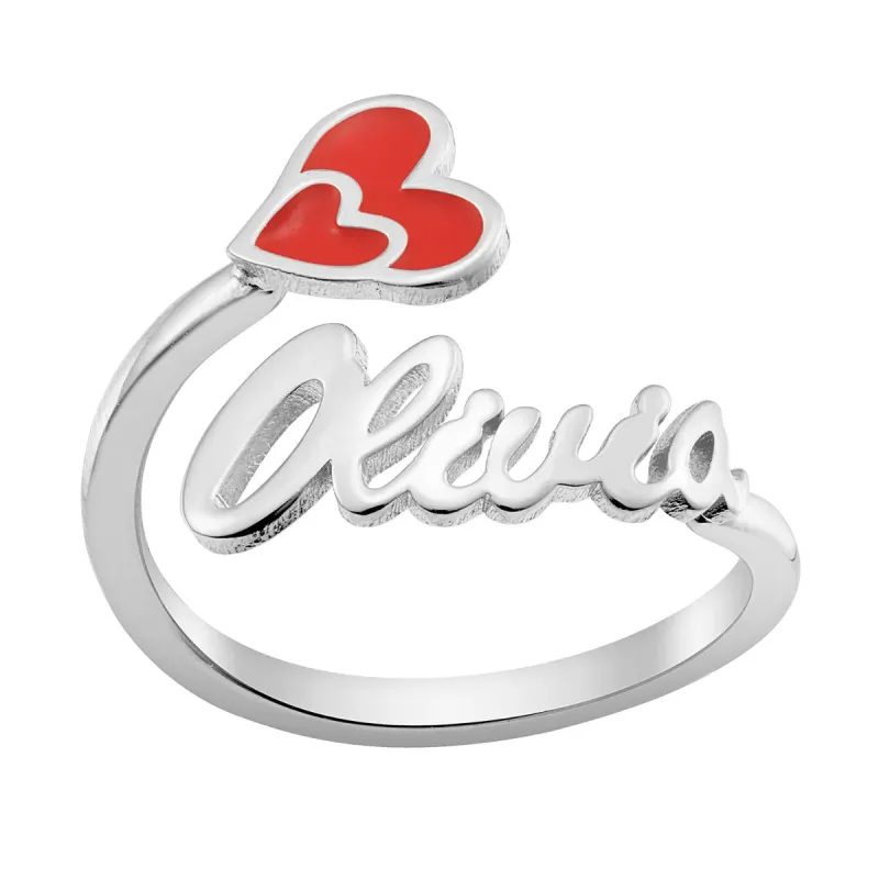 Silver Plated Script Name with Enamel Heart Bypass Ring sold by Limoges Jewelry