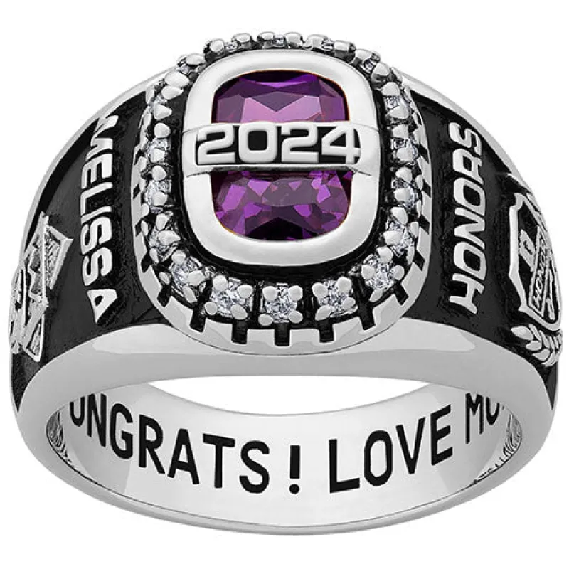 Ladies Sterling Silver CZ Encrusted Personalized Year Class Ring sold by Limoges Jewelry