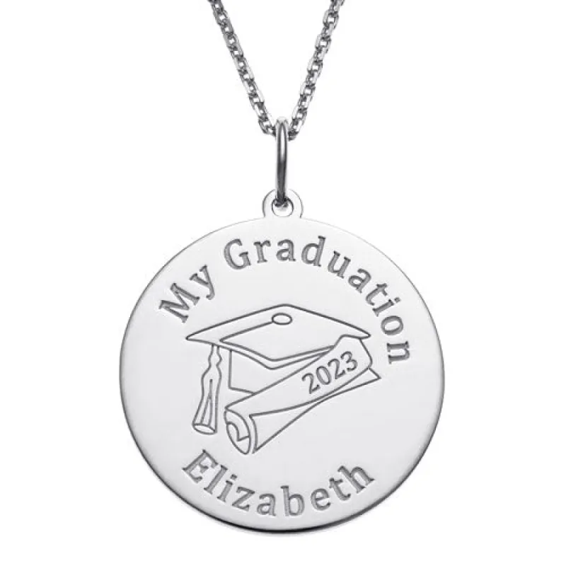 Sterling Silver Graduation Name with Grad Cap Disc Pendant sold by Limoges Jewelry