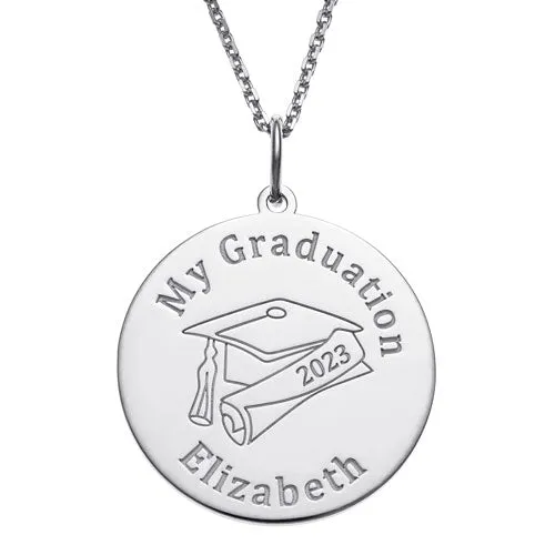 Sterling Silver Graduation Name with Grad Cap Disc Pendant sold by Limoges Jewelry