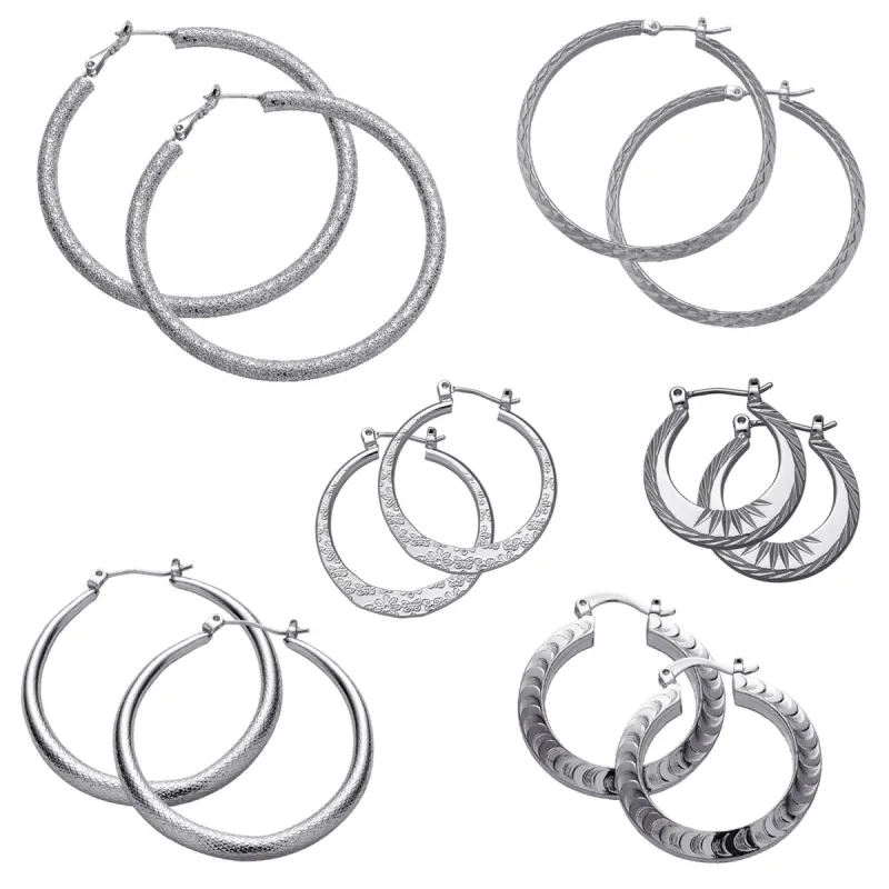 Silver Plated 6 Pair Textured Hoop Earrings Set sold by Limoges Jewelry
