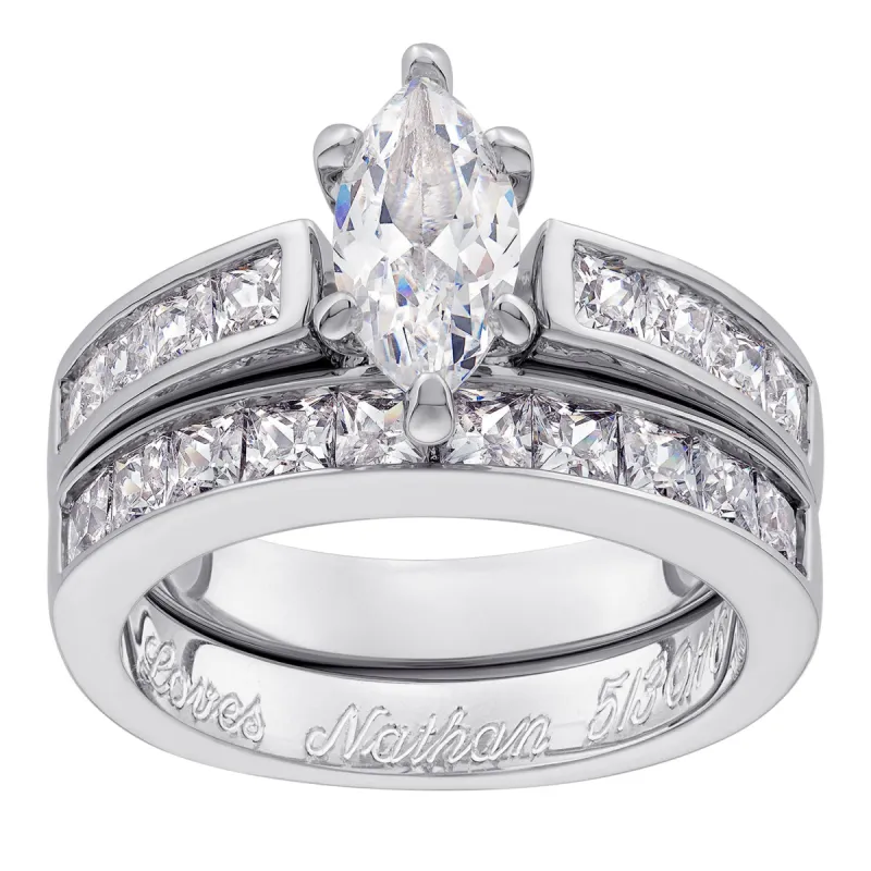 Sterling Silver Marquise CZ 2-Piece Engraved Wedding Ring Set sold by Limoges Jewelry