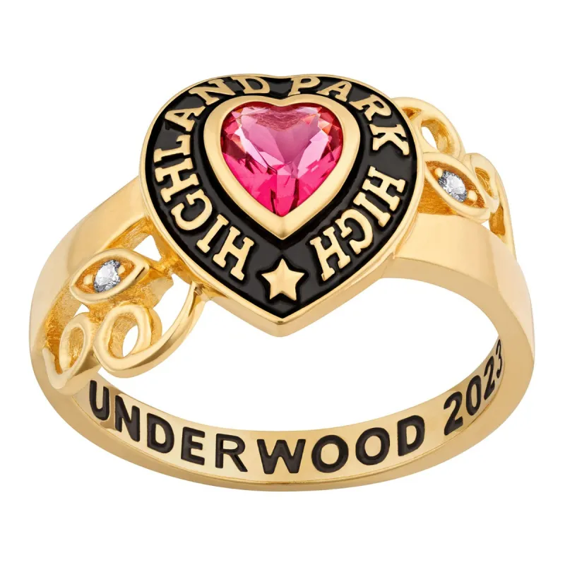 Ladies' Yellow Celebrium Heart Stone and CZ Swirl Class Ring sold by Limoges Jewelry