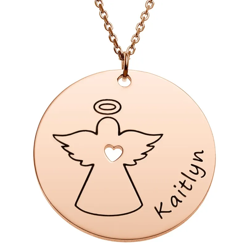 14K Rose Gold Plated Engraved Name with Angel Disc Necklace sold by Limoges Jewelry