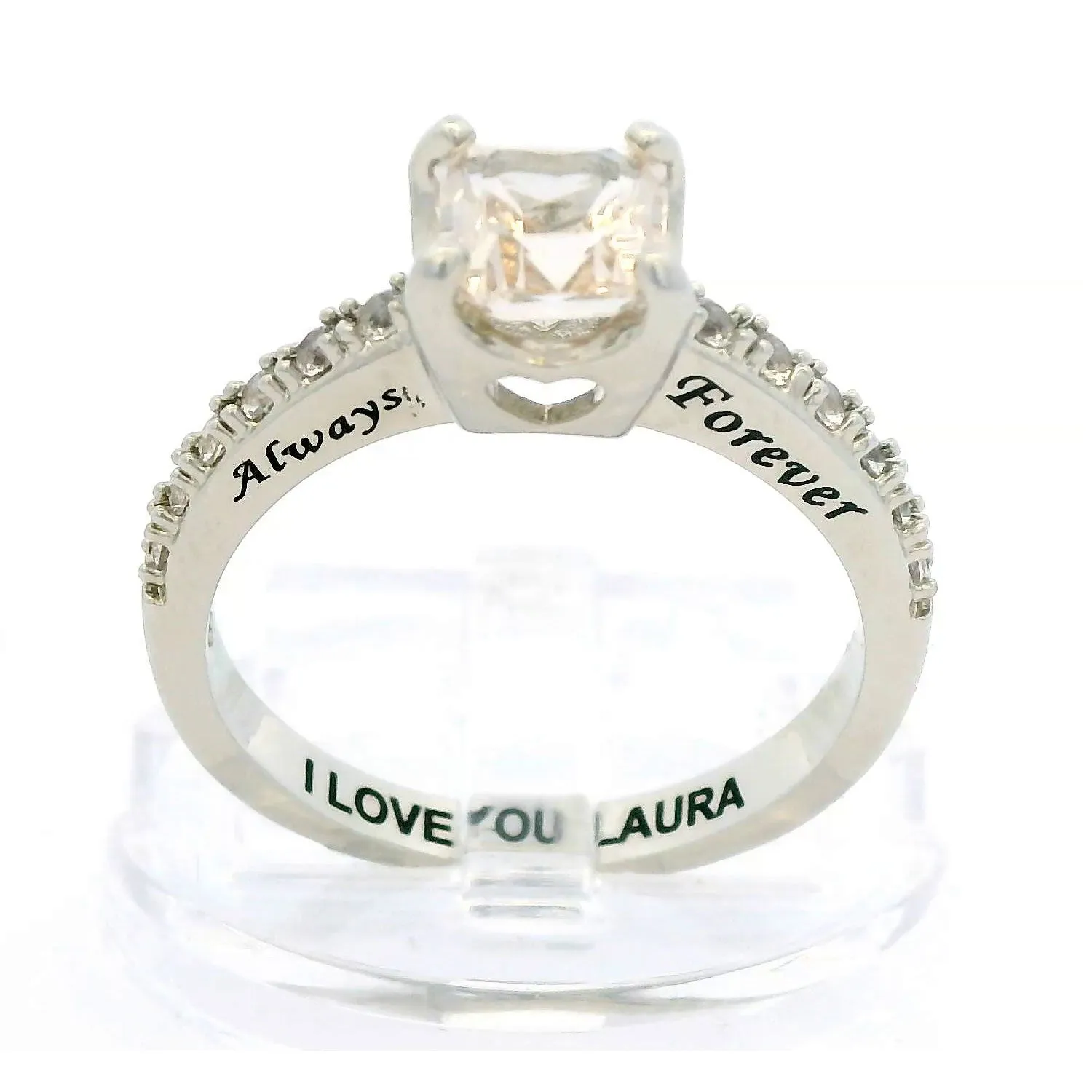 Platinum over Sterling Square White Topaz Open Heart Engraved Wedding Ring sold by Limoges Jewelry