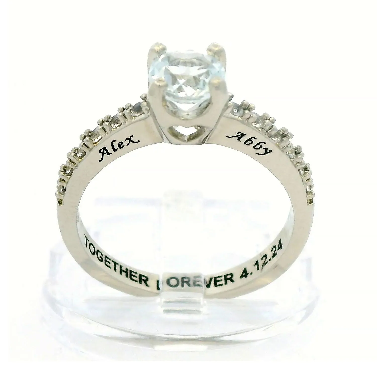 Platinum over Sterling Brillant White Topaz Open Heart Engraved Wedding Ring sold by Limoges Jewelry
