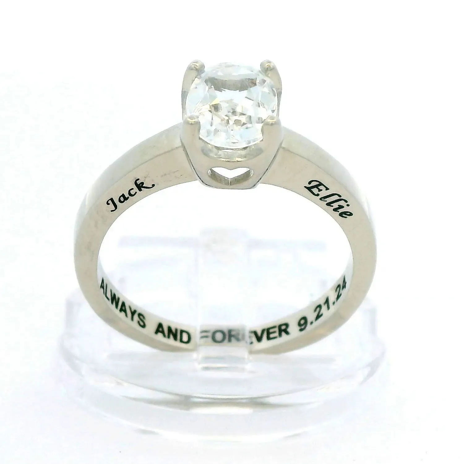 Platinum over Sterling Square White Topaz Solitaire Open Heart Engraved Wedding Ring sold by Limoges Jewelry