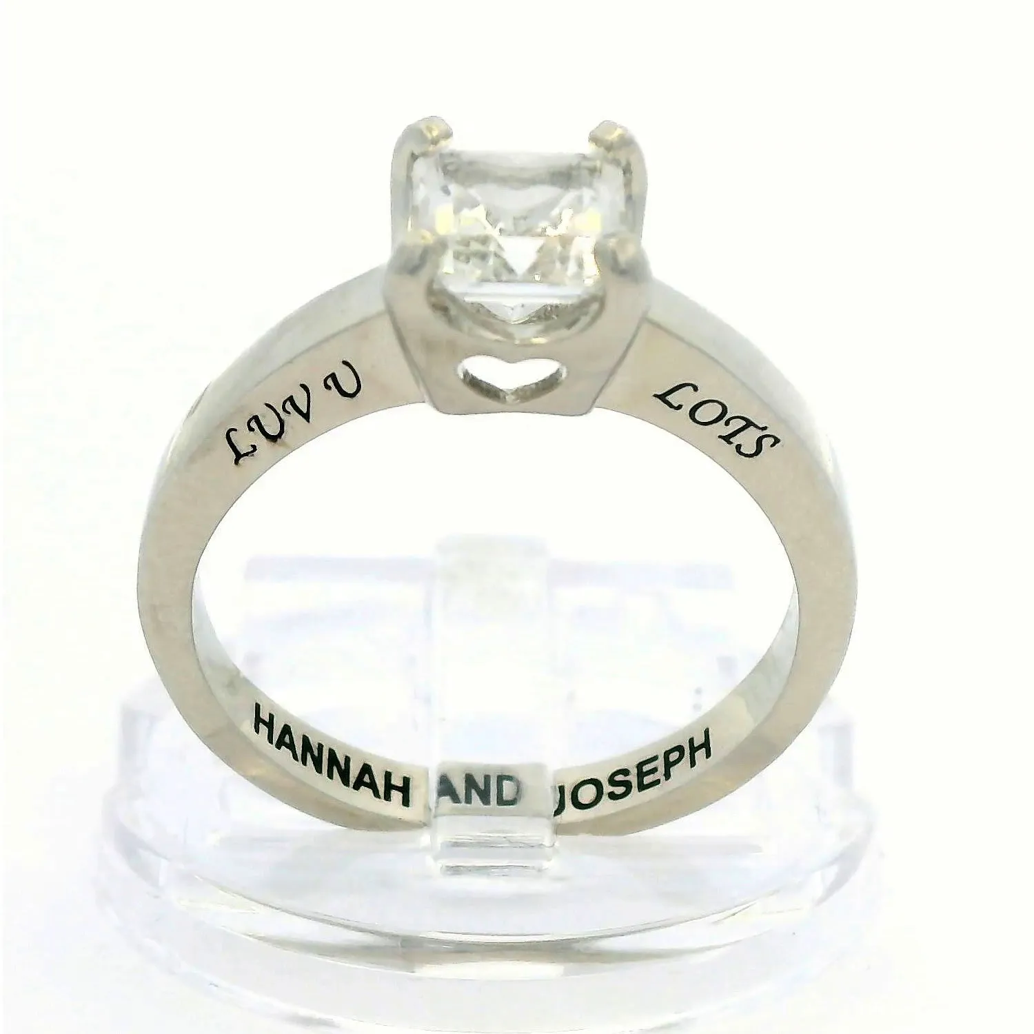 Platinum over Sterling Oval White Topaz Solitaire Open Heart Engraved Wedding Ring sold by Limoges Jewelry