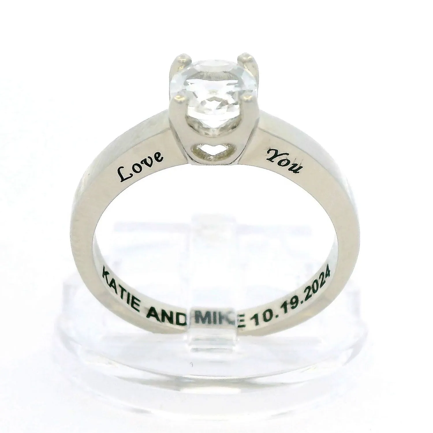 Platinum over Sterling Brillant White Topaz Solitaire Open Heart Engraved Wedding Ring sold by Limoges Jewelry