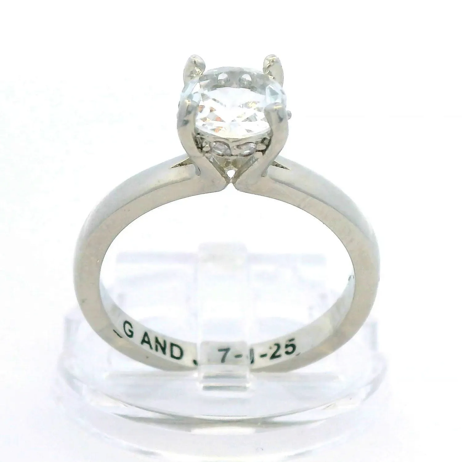 Platinum over Sterling Hidden Halo Brillant White Topaz Engraved Engagement Ring sold by Limoges Jewelry