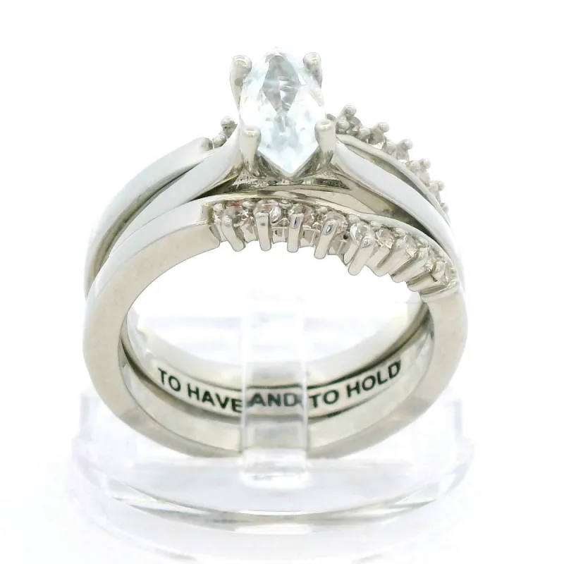 Platinum over Sterling Marquise White Topaz Solitaire with Enhancer Engraved Engagement Ring Set sold by Limoges Jewelry