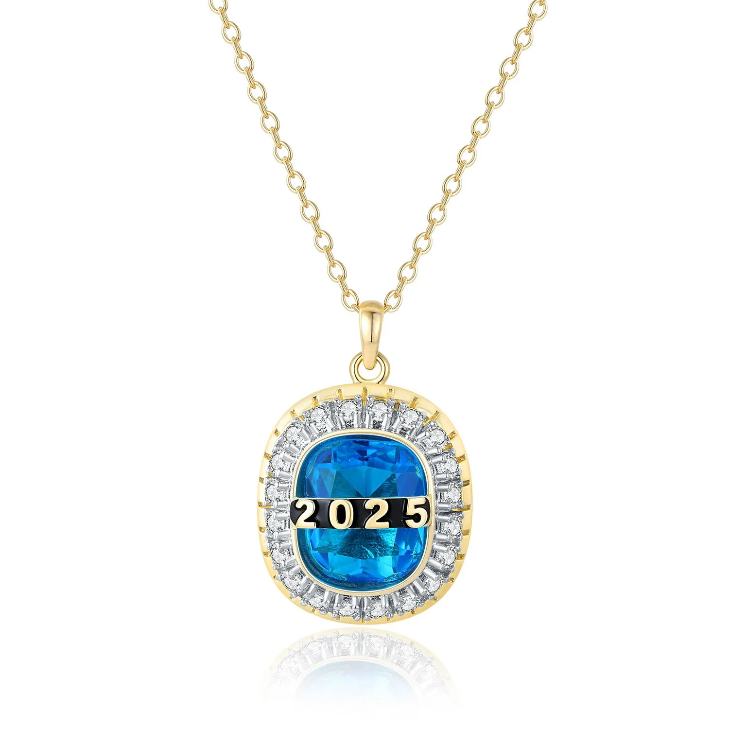 Unisex Gold over Sterling Cushion Birthstone and CZ Personalized Graduation/Class Necklace sold by Limoges Jewelry