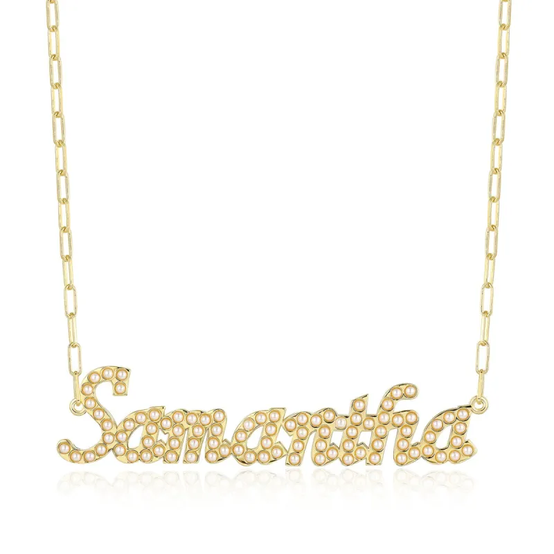 Sterling Silver Faux Pearl Script Name Paperclip Chain Necklace sold by Limoges Jewelry