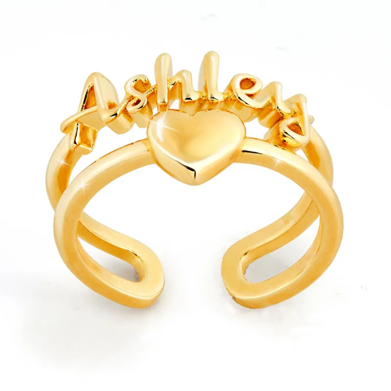 Gold Script Name and Heart Double Row Ring sold by Limoges Jewelry