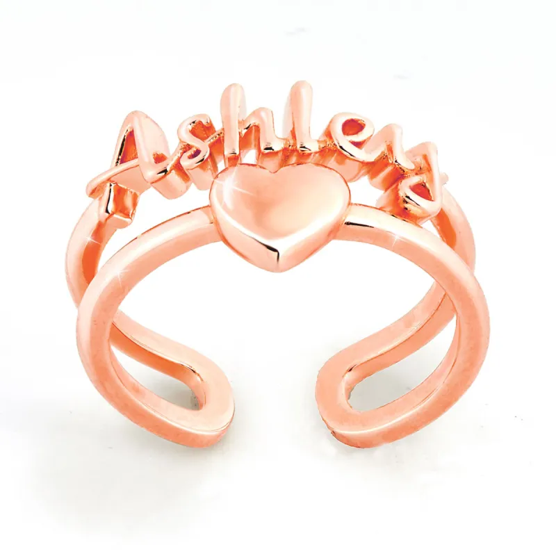 Rose Gold Script Name and Heart Double Row Ring sold by Limoges Jewelry