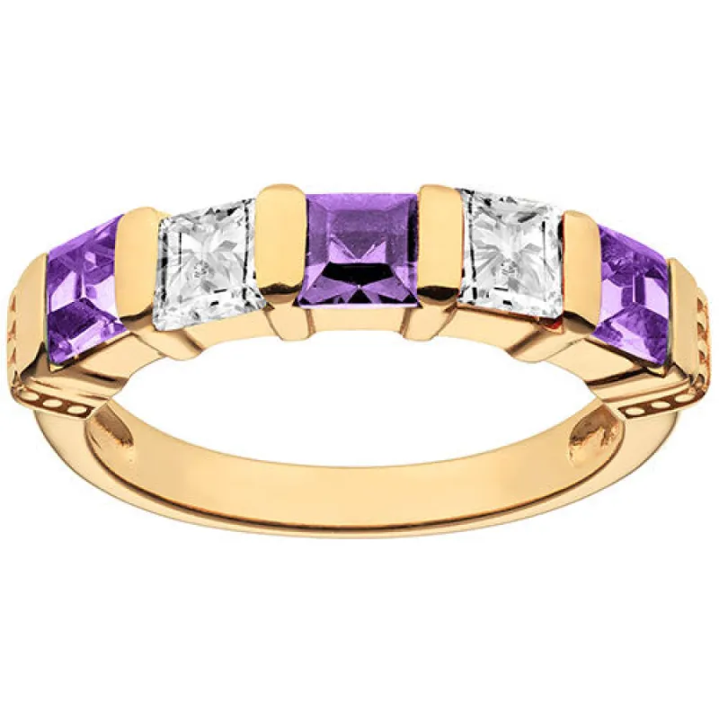 14K Gold Plated Simulated Amethyst and Clear Crystal 5 Stone Ring sold by Limoges Jewelry